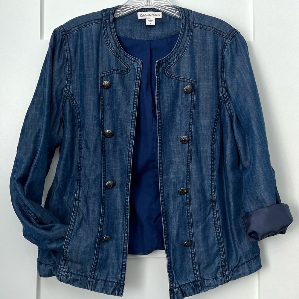 Coldwater Creek Double Breasted Denim Jean Moto Jacket